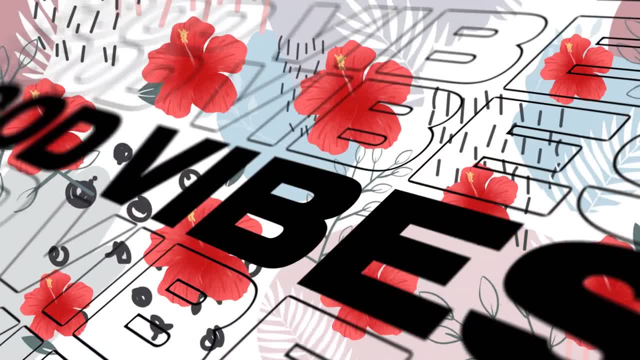 animación digital de texto de buenas vibraciones contra múltiples flores sobre un fondo blanco