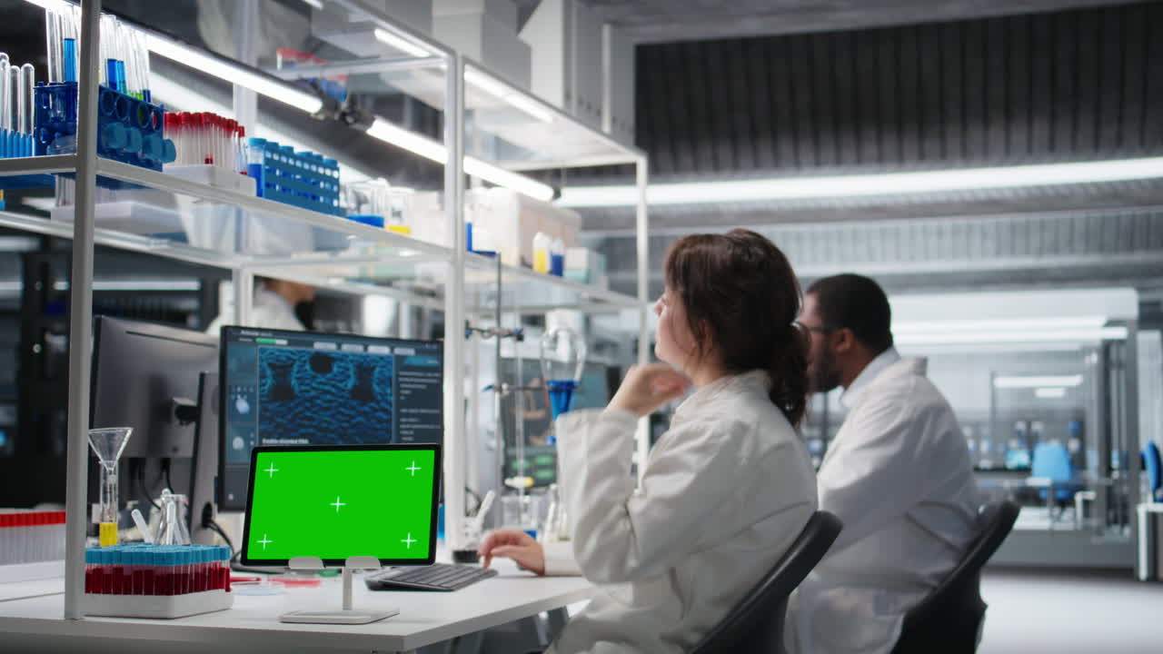 Vertical video Bioinformatics scientist working on green screen tablet in lab
