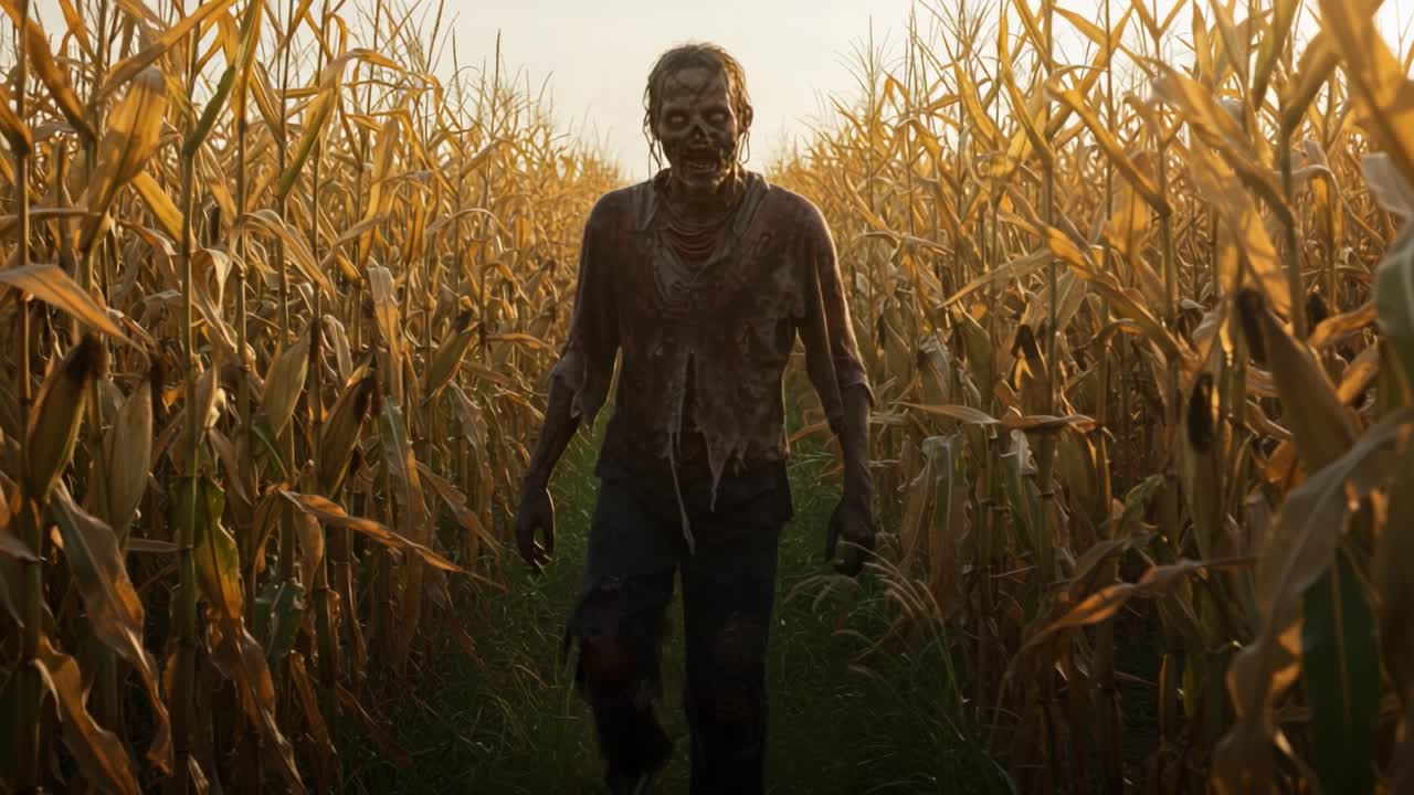 A haunting presence looms in a cornfield as a menacing figure emerges, drenched in decay, evoking a chilling atmosphere in the golden evening light
