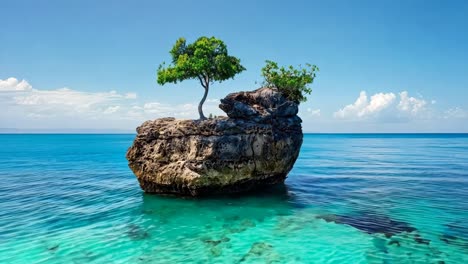 un árbol solitario en una roca en el medio del océano