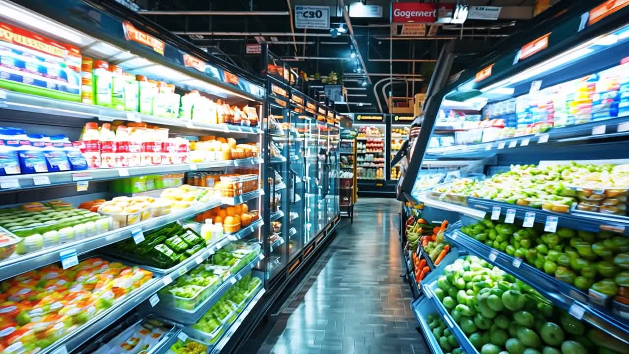 Grocery store aisle with fresh produce in refrigerated display cases