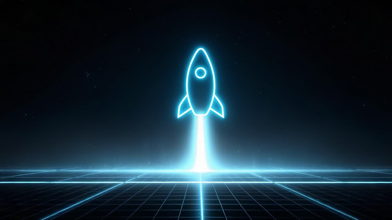 Blue neon rocket icon launching from a digital grid surface into a starry sky, representing technological advancement, business startup growth, and successful innovation in a futuristic setting