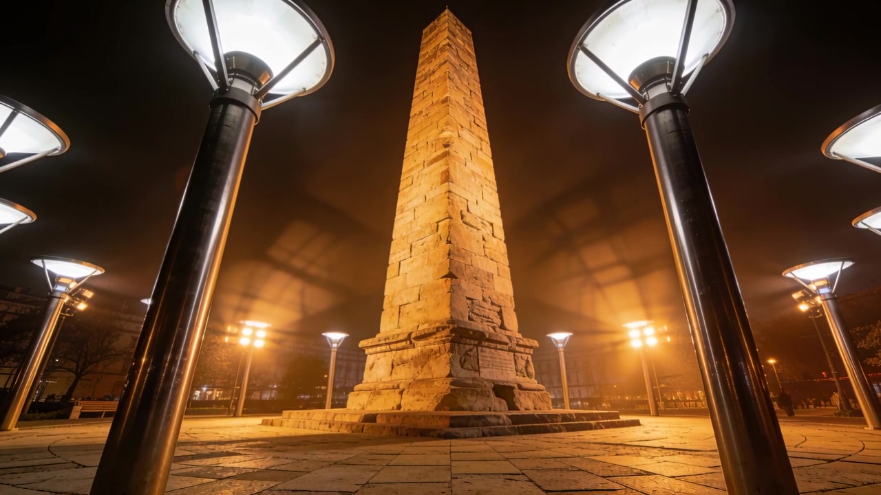 La telecamera si avvia eseguendo uno zoom lento, concentrandosi su un obelisco centrale in pietra in una piazza notturna, con luci calde