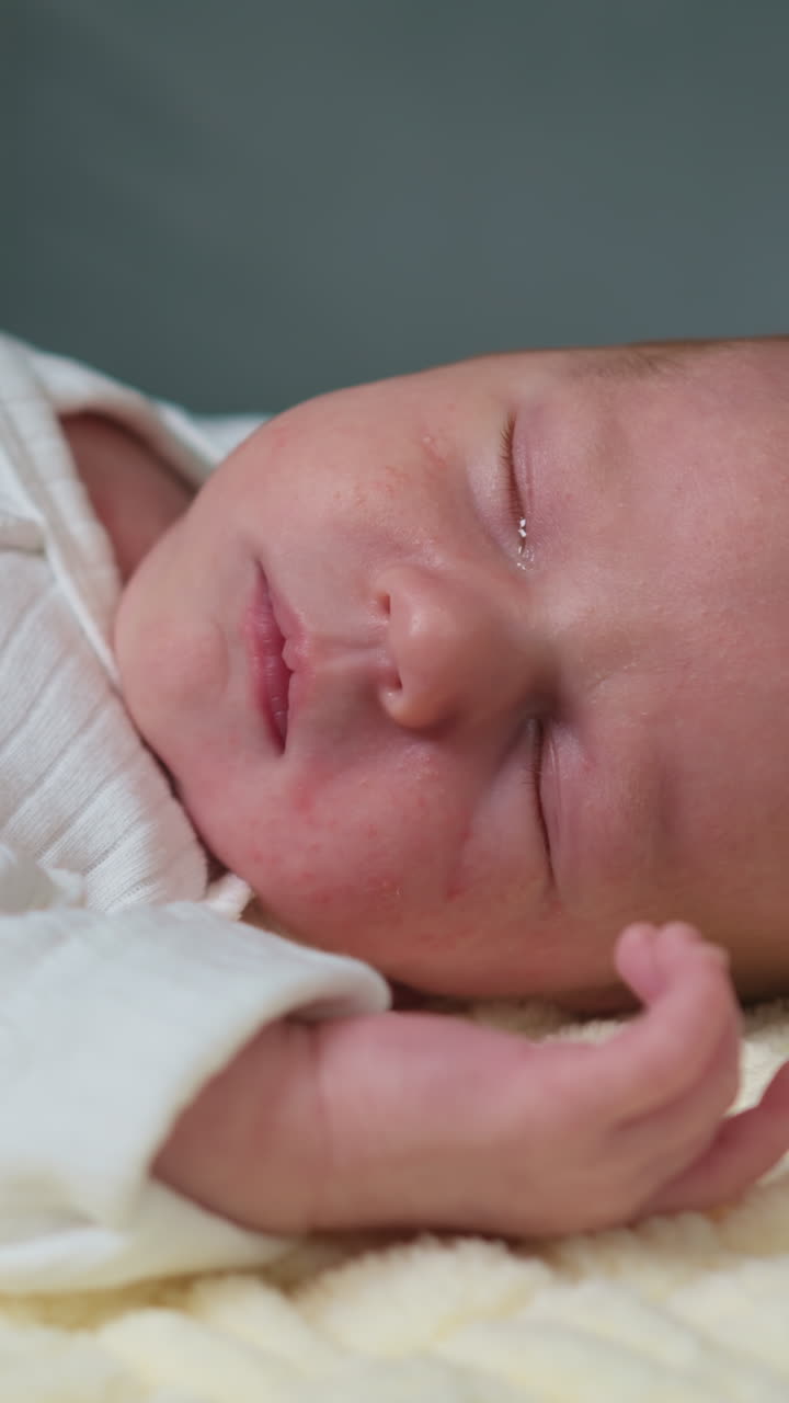 Primer plano de la cara de un bebé recién nacido con los ojos cerrados, que muestra rasgos delicados y piel suave.