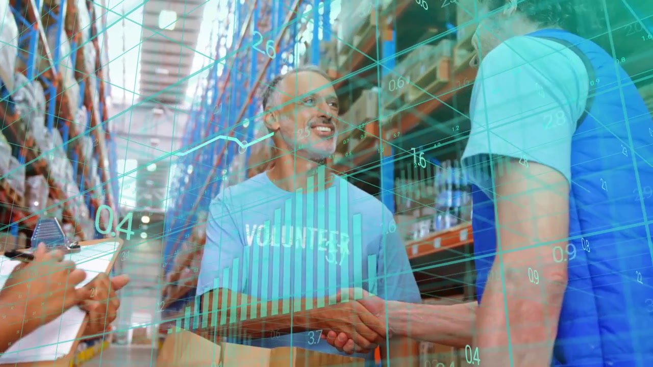 Vertical video: Volunteer starting handshake, packing aid in aisle while charts overlaying stock