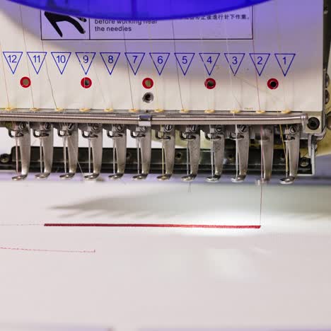 view of sewing factory. close up of automatic machine working at high speed