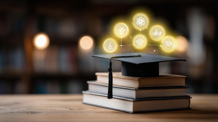 Un'immagine che stimola, che mostra un tocco appoggiato su una pila di libri, a simboleggiare l'istruzione e l'acquisizione di conoscenze, evidenziata da diversi simboli accademici che rappresentano vari campi di studio