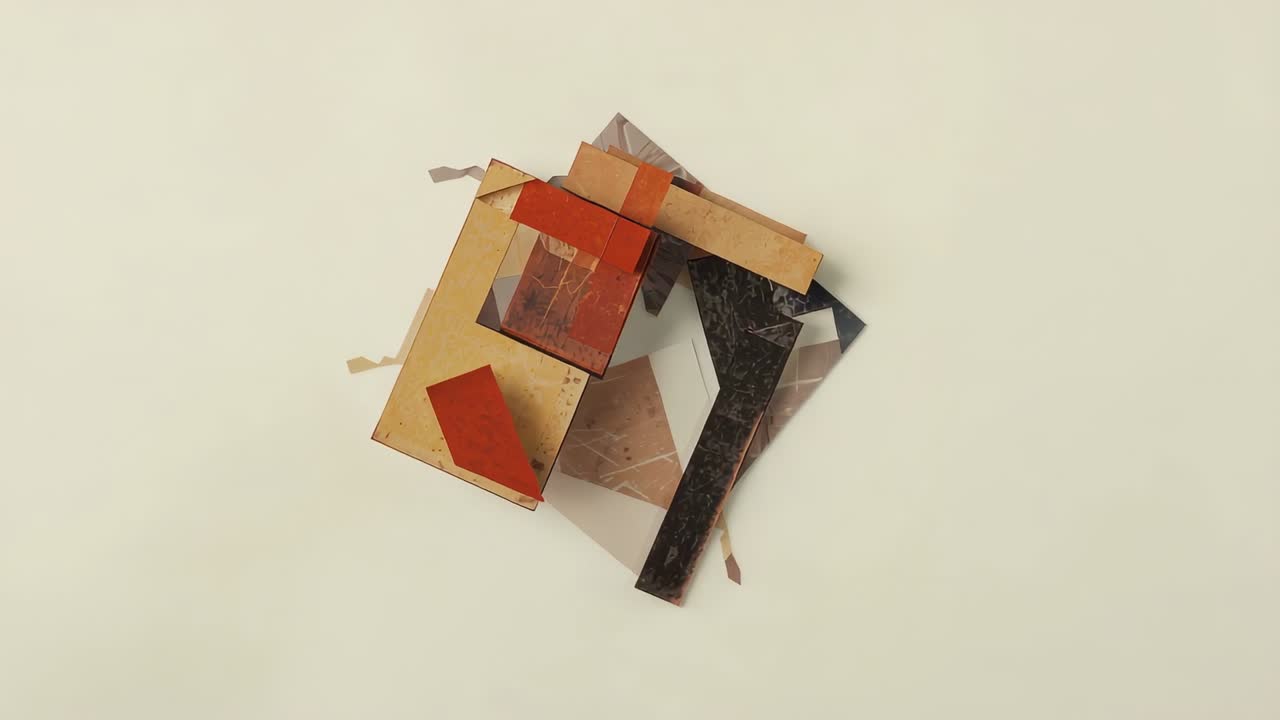 Abstract paper collage shifting after layout on beige surface, with orange trapezoid, dark strip