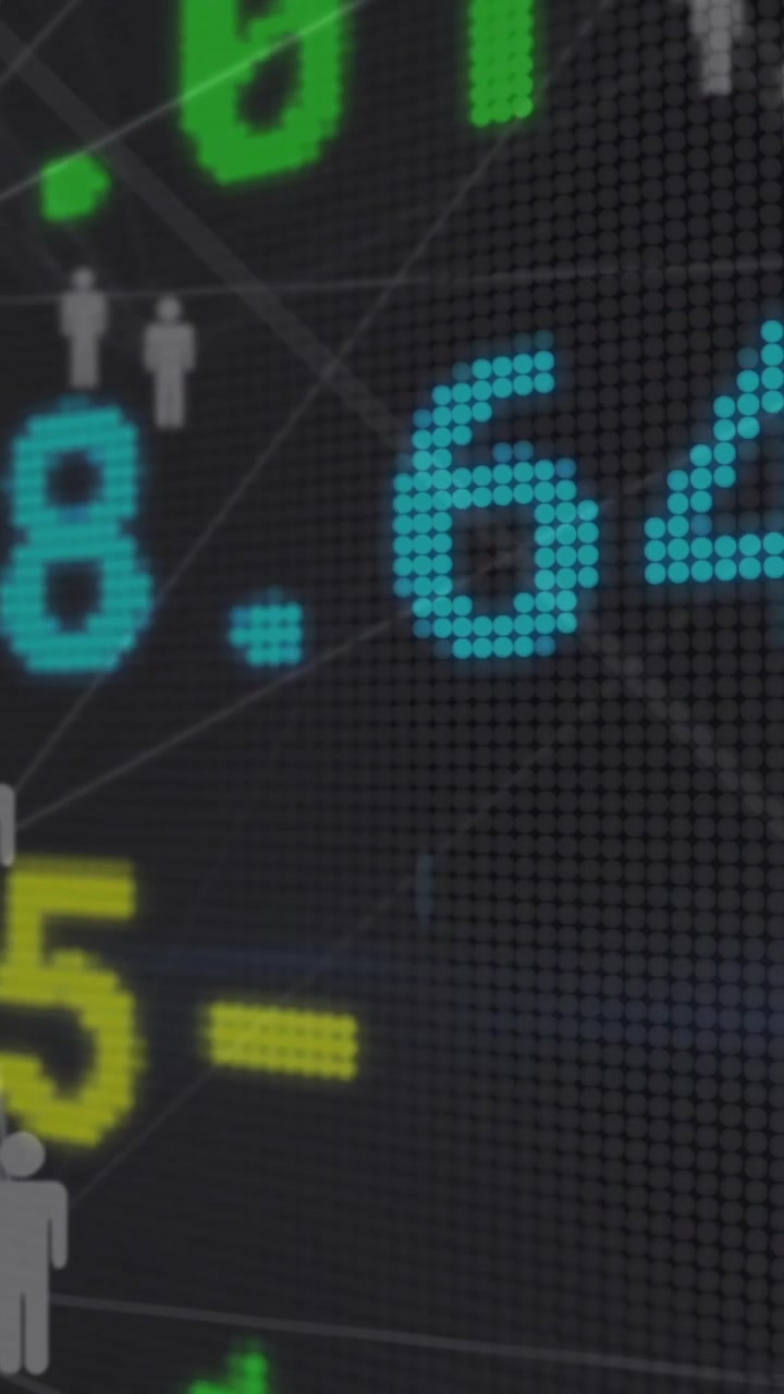Animazione di dati e cifre di borsa su silhouette di persone in rete