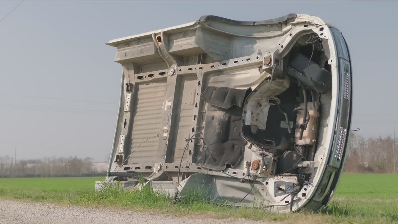 화창한 날 시골에 있는 들판에서 파괴되고 버려진 밴의 오두막 - 중간 슬라이더 오른쪽 샷