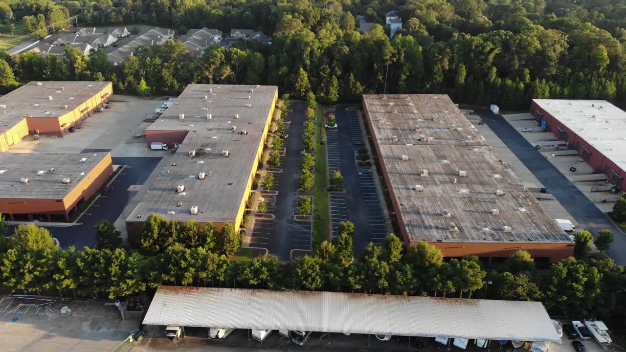 Business park buildings. Woodstock Georgia Sunset. Aerial tracking.