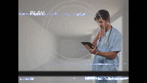 animation of play digital interface on screen with glitch over male doctor with tablet