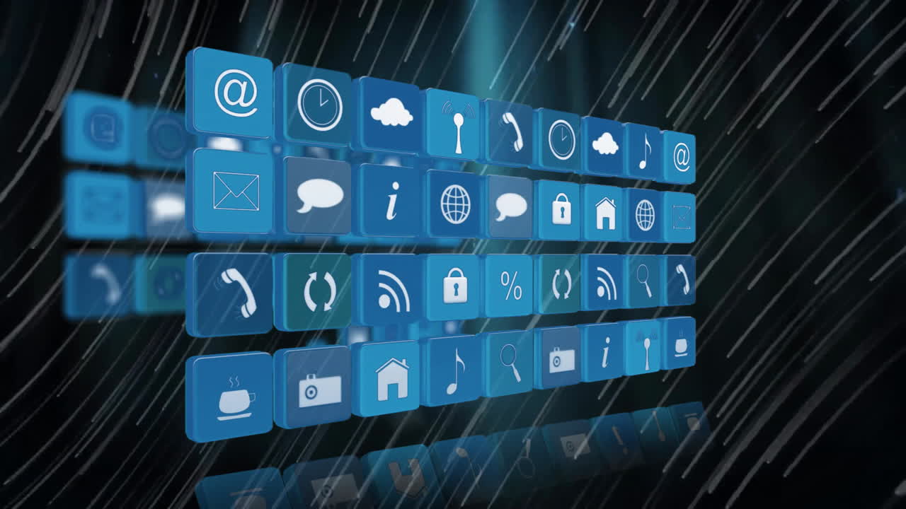 animação de ícones em quadrados sobre linhas que se movem em movimento circular contra fundo preto