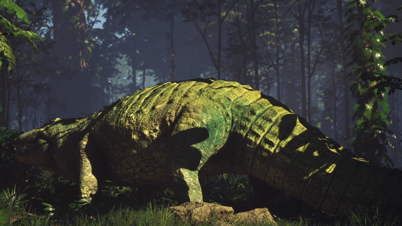 Large crocodile resting among lush greenery in a dense forest environment