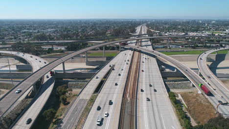 Aerial-drone-flight-over-complex-710-Interstate-interchange-over-top-the-Los-Angles-River