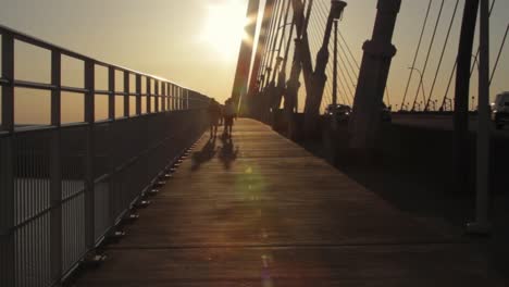 men walking over bridge during sunset