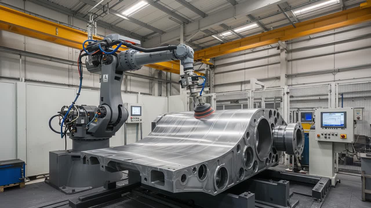Advanced Robotic Arm Engaged in Precision Machining of Large Metal Component in High-Tech Industrial Facility