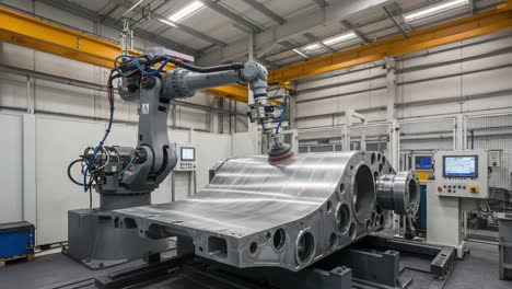 advanced robotic arm engaged in precision machining of large metal component in high-tech industrial facility