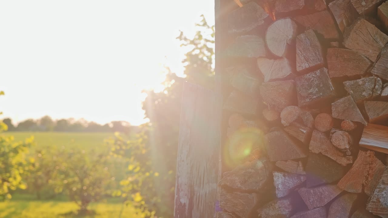 Warm sunset glow illuminates chopped firewood beside garden trees in Latvia