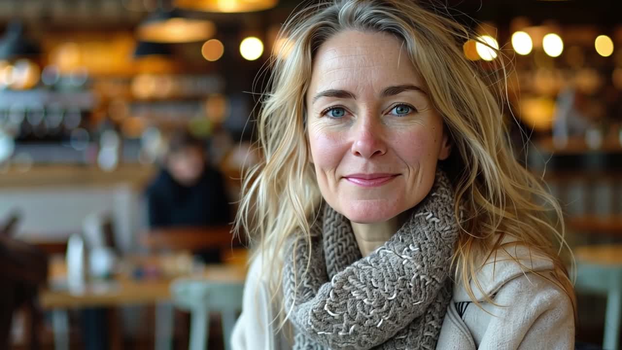 Ritratto di una donna sorridente con capelli biondi in un caffè