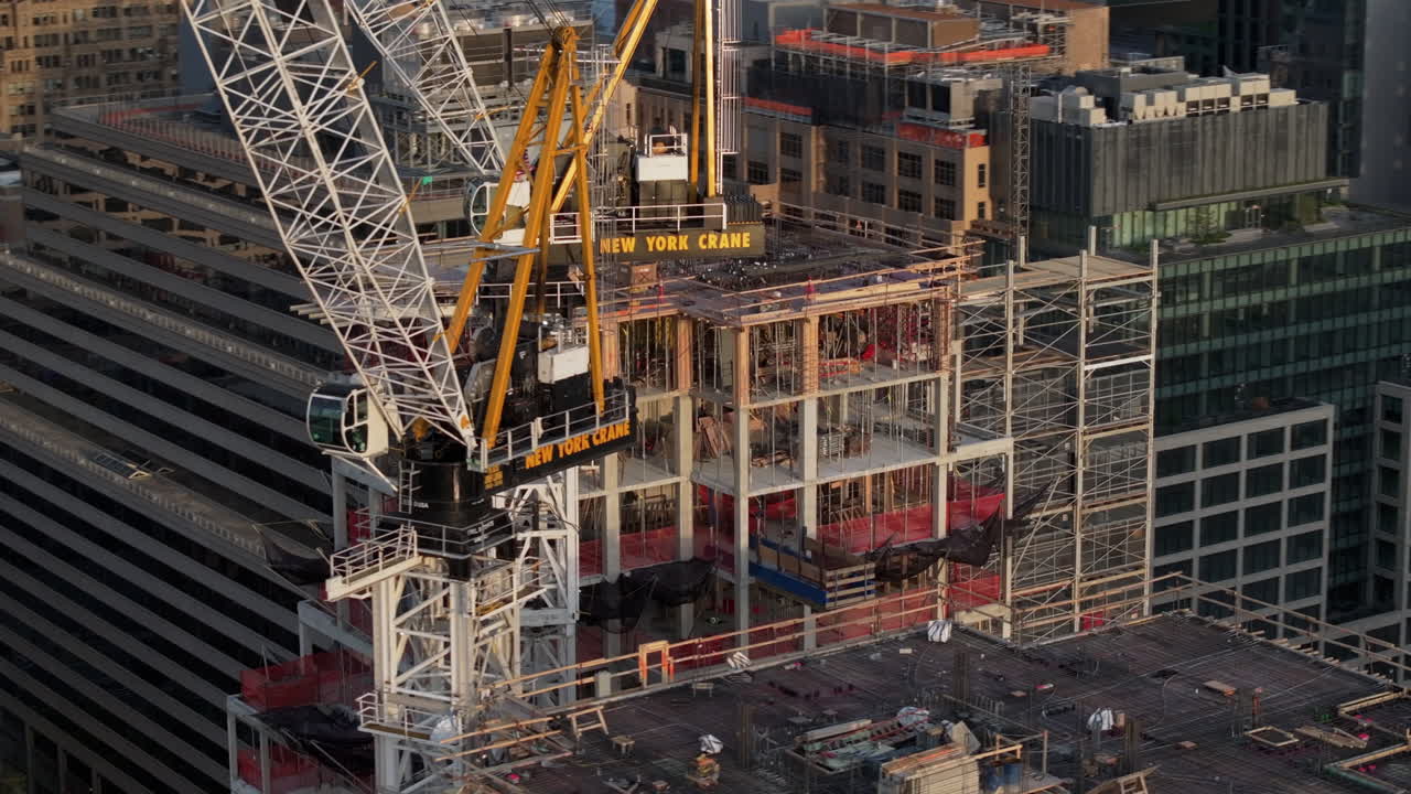 Aerial view of a construction crane above New York City