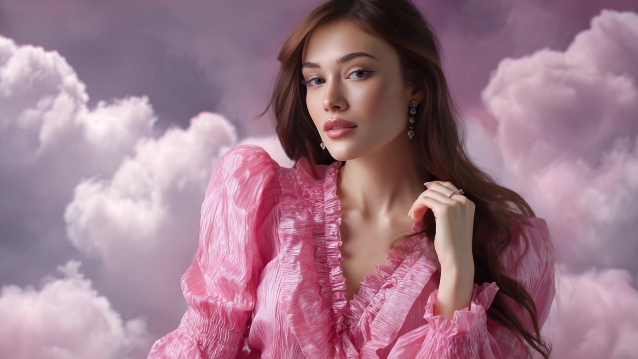 Stunning Portrait of a Young Woman in a Pink Ruffled Blouse with a Dreamy Cloud Background Conveying Elegance and Serenity in Modern Photography