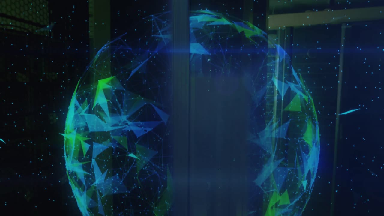 Animation of shapes moving and globe over server room