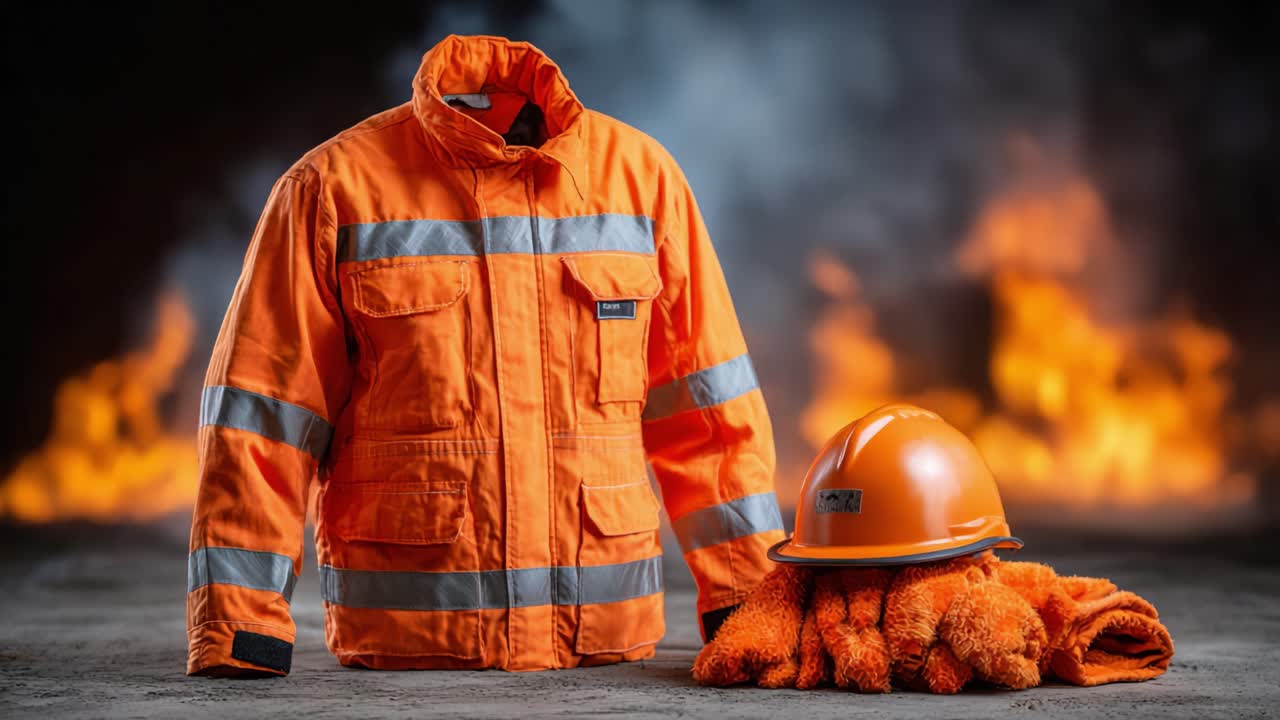 Equipamento de Proteção para Segurança Industrial: Uma Jaqueta Laranja e um Capacete ao Lado de Luvas Resistentes ao Fogo em um Fundo Ardente para Proteção Aprimorada do Trabalhador.