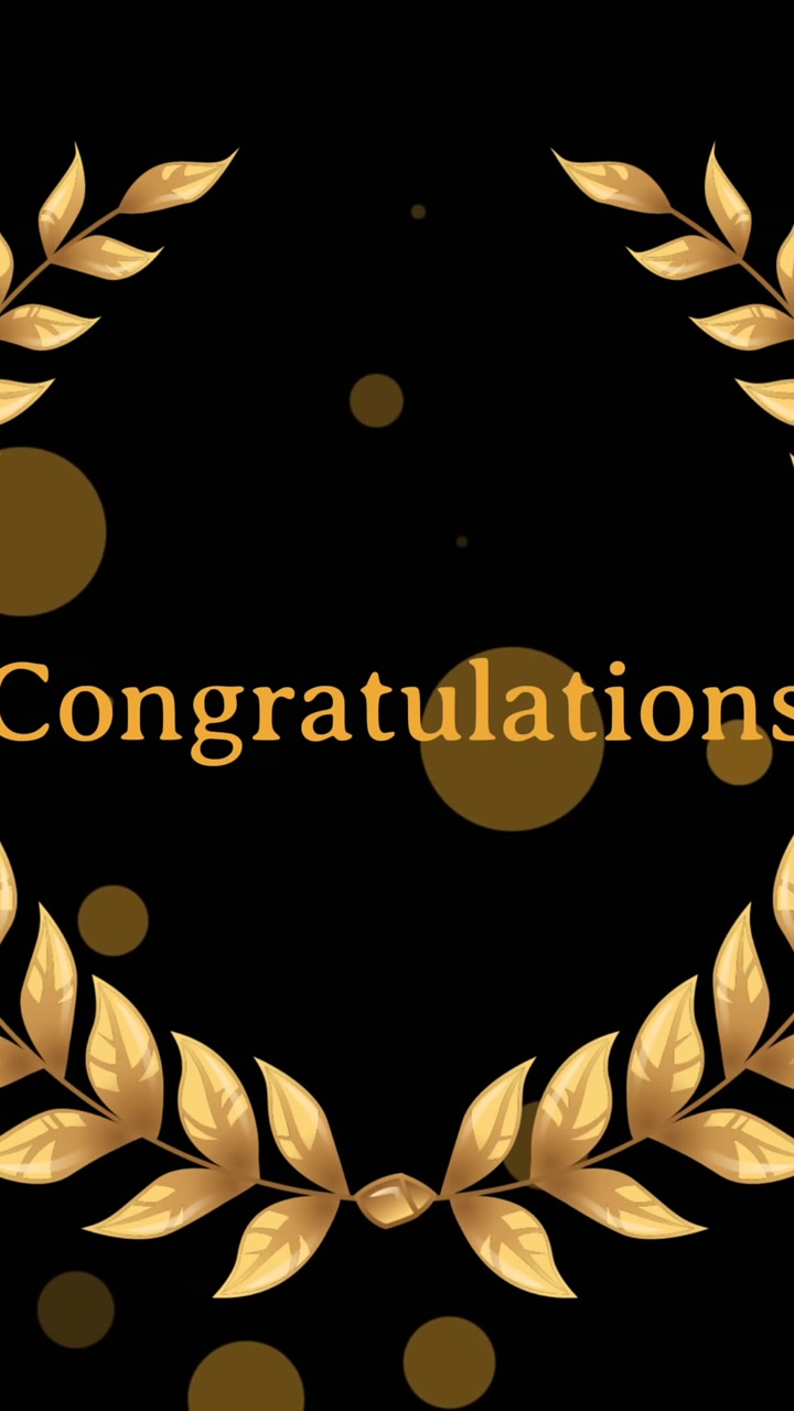 Animation of floating golden dots and congratulations in wreath on black background