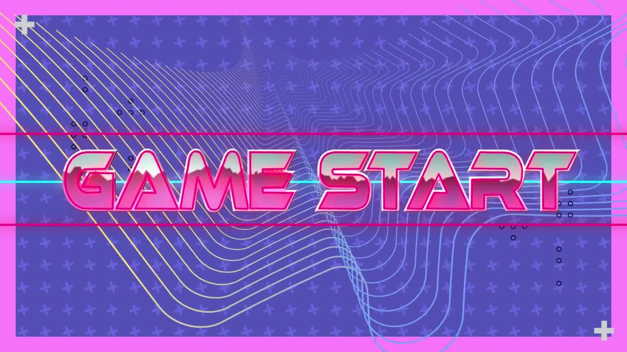 네온 선과 메타버스 그리드 위에 금속 분홍색으로 게임 시작 텍스트의 애니메이션