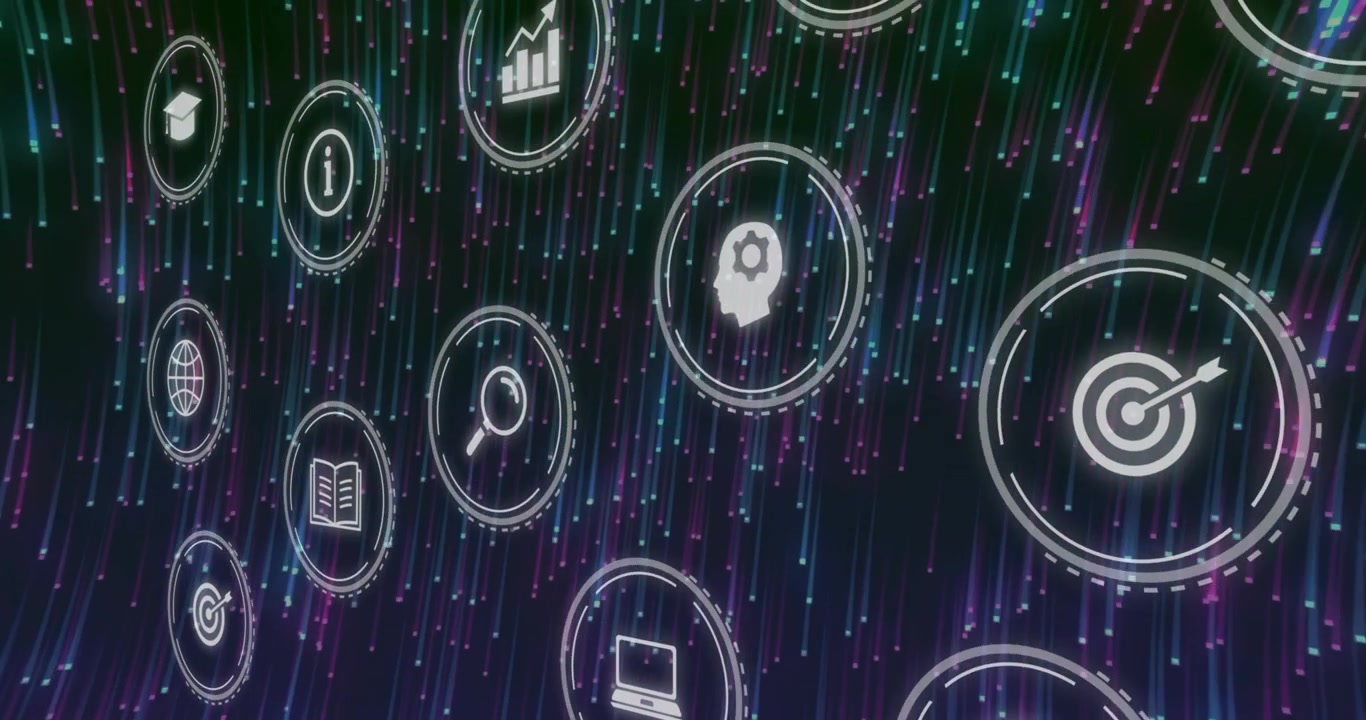 After spawning, white icons drifting and rotating across neon streaks visualizing data flow