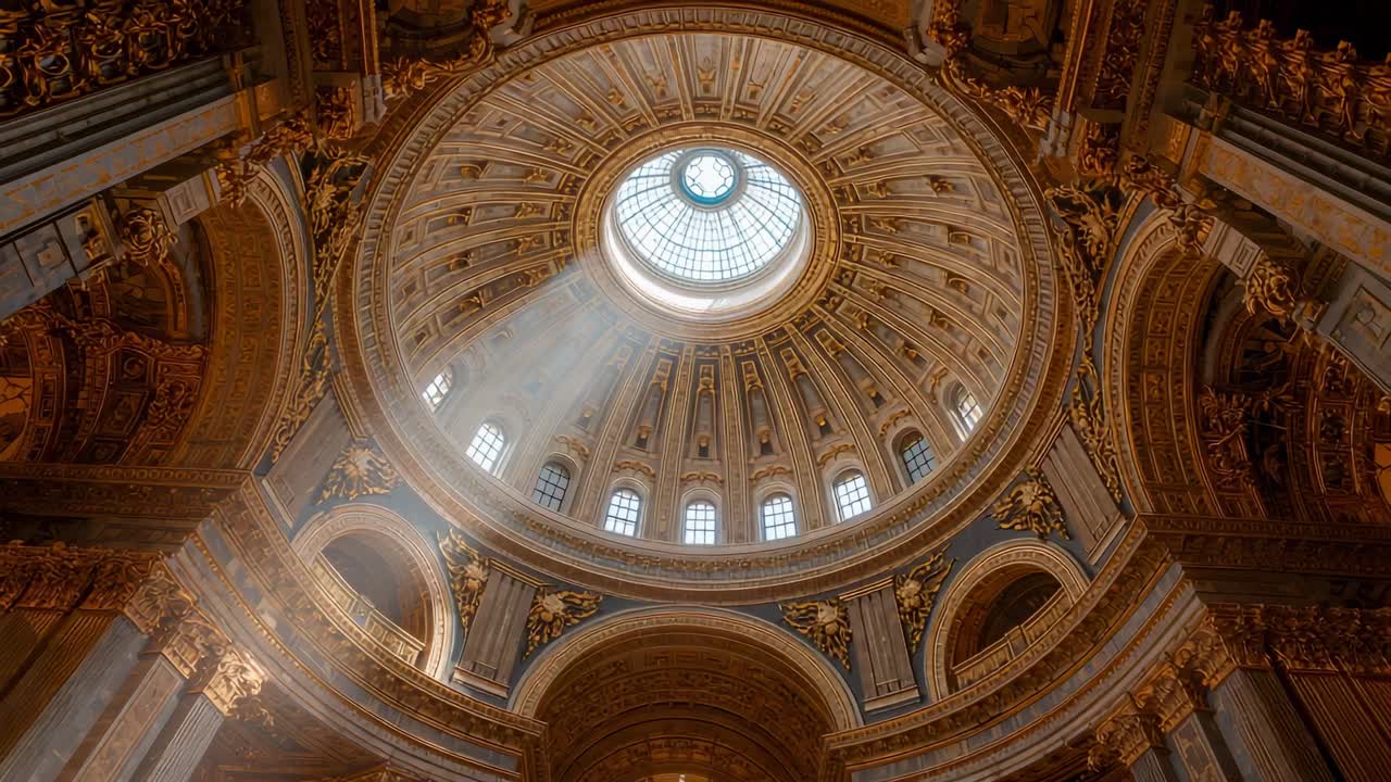 Streaming sunbeams from oculus lighting cathedral dome revealing gold leaf reliefs, frescoed panels