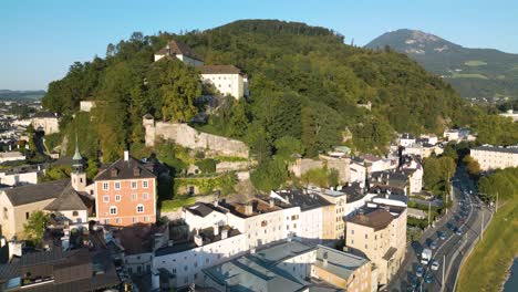 Beautiful-Aerial-View-of-Green-Park-in-Salzburg,-Austria-on-Typical-Summer-Day