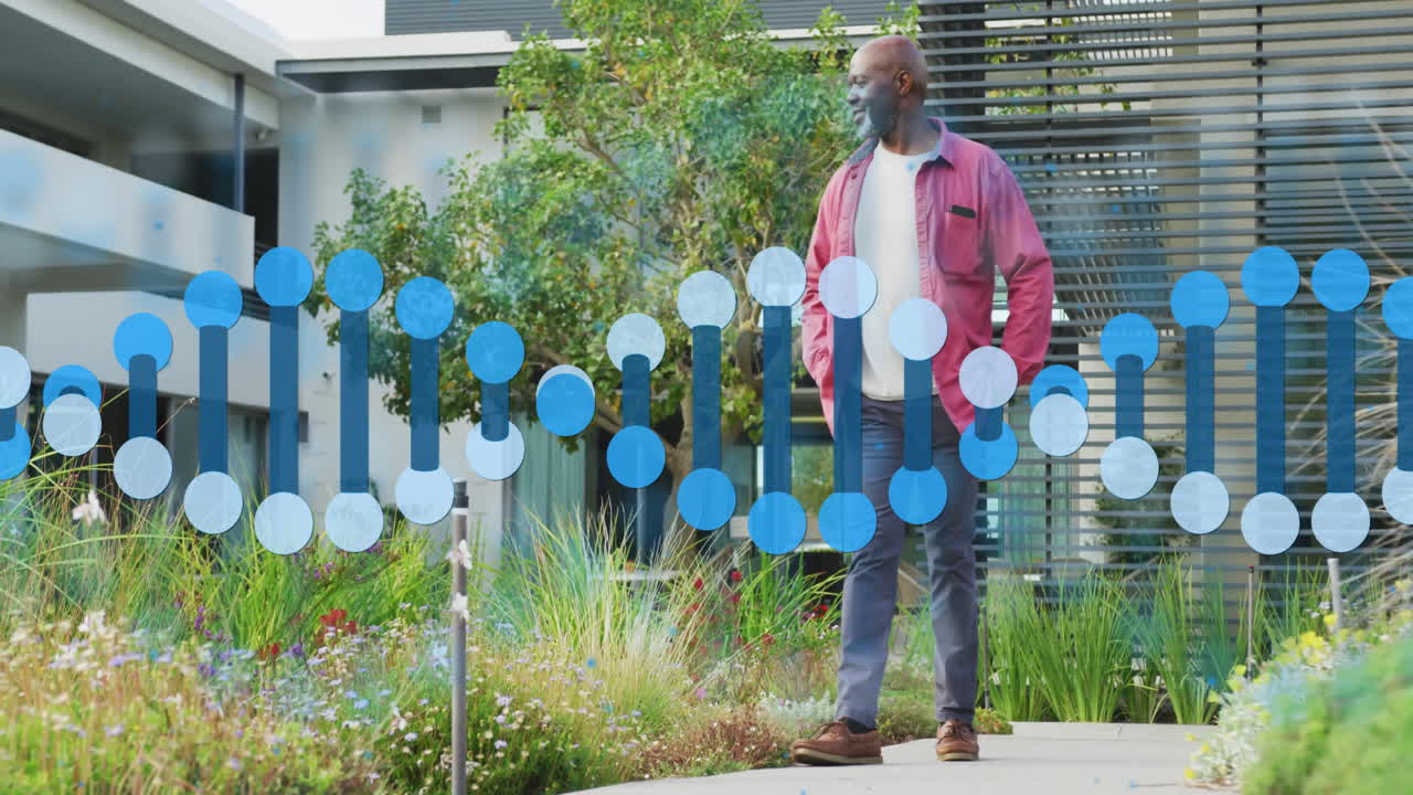 Walking in garden, man observing DNA strand animation overlay in background