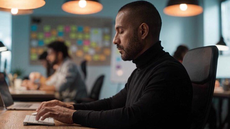 Focused professional working diligently at a desk in a modern office environment, typing on a laptop with fellow colleagues engaged in various tasks in the background.