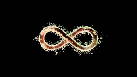 Infinity sign with the endless flowing energy isolated on a black background, seamless loop. Design. Abstract glowing infinity symbol with a cloud of particles, concept of fate.