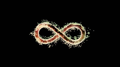 signo infinito con la energía interminable que fluye aislada en un fondo negro, bucle sin costuras. diseño. símbolo abstracto de infinito brillante con una nube de partículas, concepto de destino.