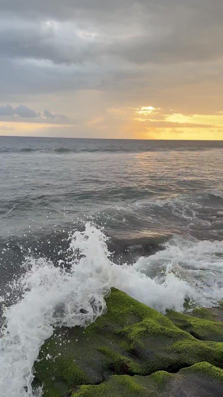 Onde dell'oceano che si infrangono su rocce muschiose al tramonto