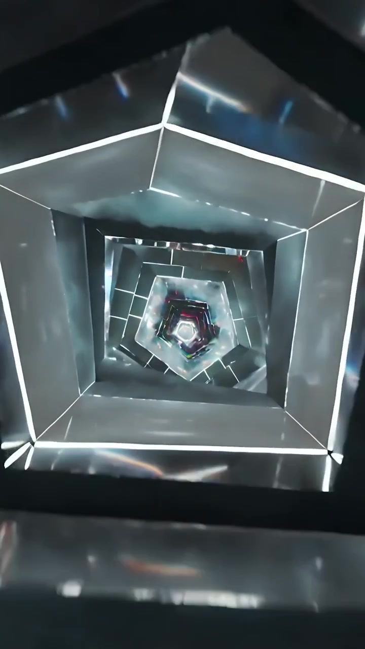 Video verticale: Visuale rotante che mostra un tunnel pentagonale all'interno di una galleria, per esplorare specchi e una luce centrale.