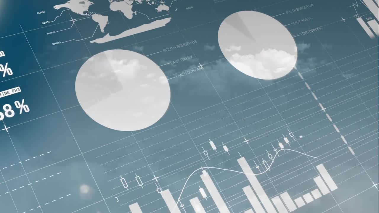 Animation of infographic interface against cloudy sky in background
