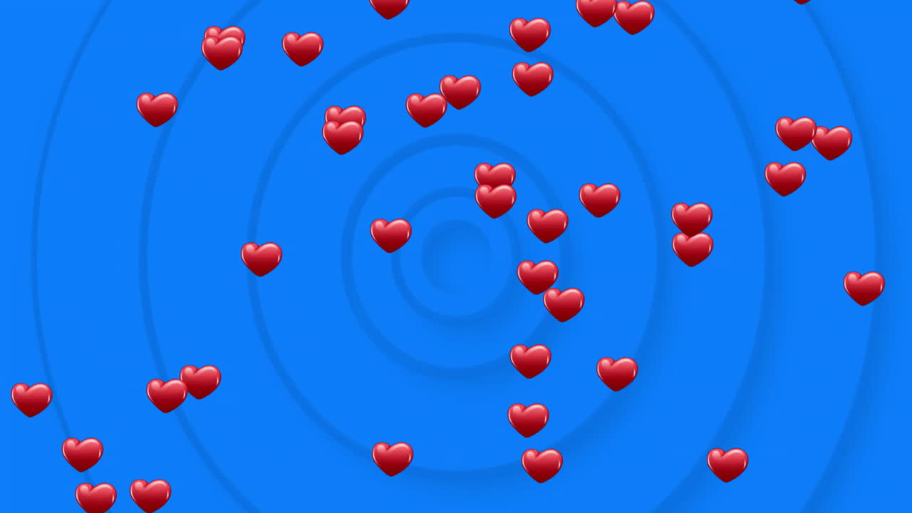 Animation of red hearts floating on blue background with concentric circle patterns