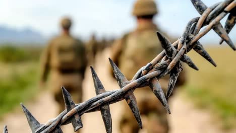 a group of soldiers walking behind a barbed wire fence