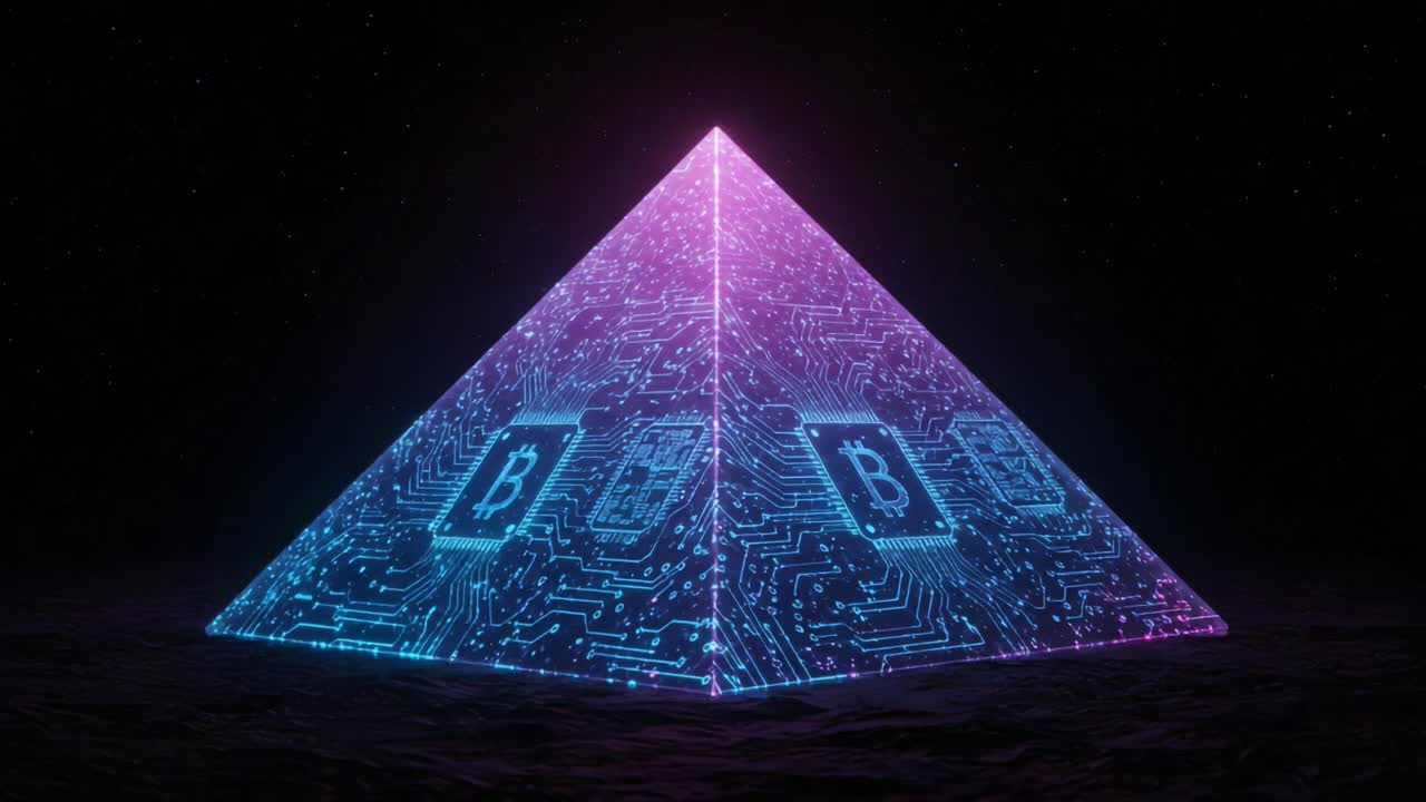 A Visually Striking Digital Pyramid Illuminated with Neon Colors, Featuring Intricate Circuit Patterns and Embedded Cryptocurrency Symbols in a Dark Background Setting