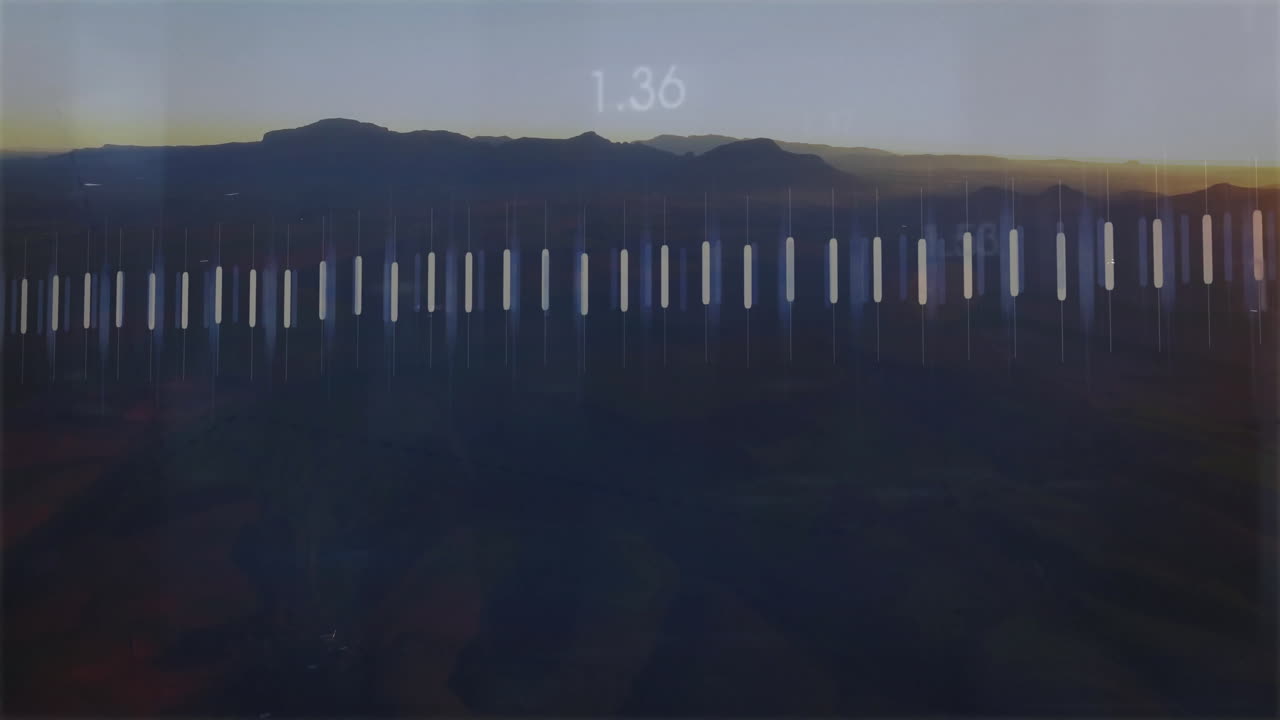 Semi-transparent candlestick chart bars scrolling over dusk mountains, showing financial overlay
