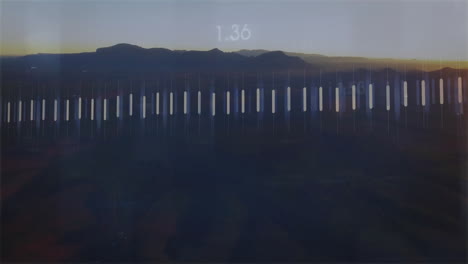 semi-transparent candlestick chart bars scrolling over dusk mountains, showing financial overlay