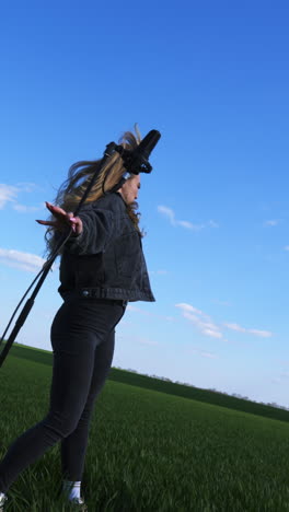 young attractive long-haired girl dancing actively and holding a microphone stand. lady posing in front of camera shooting rock music video at nature backdrop. vertical video