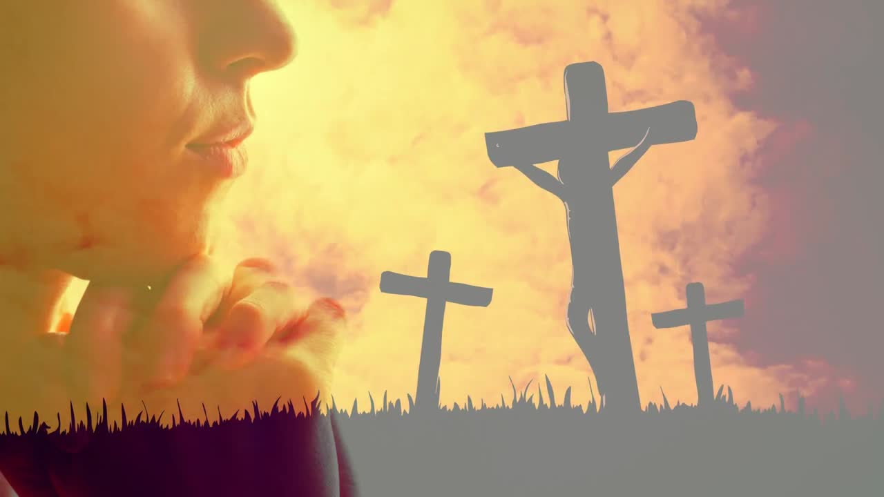기도 하는 백인 여자 위 에 세 개 의 그리스도인 십자가 의 애니메이션