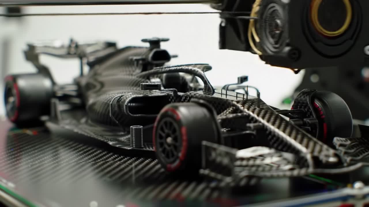 A skilled technician is 3D printing a highly detailed model of a formula racing car using advanced technology. The intricate design showcases precision engineering in a cutting-edge workshop.