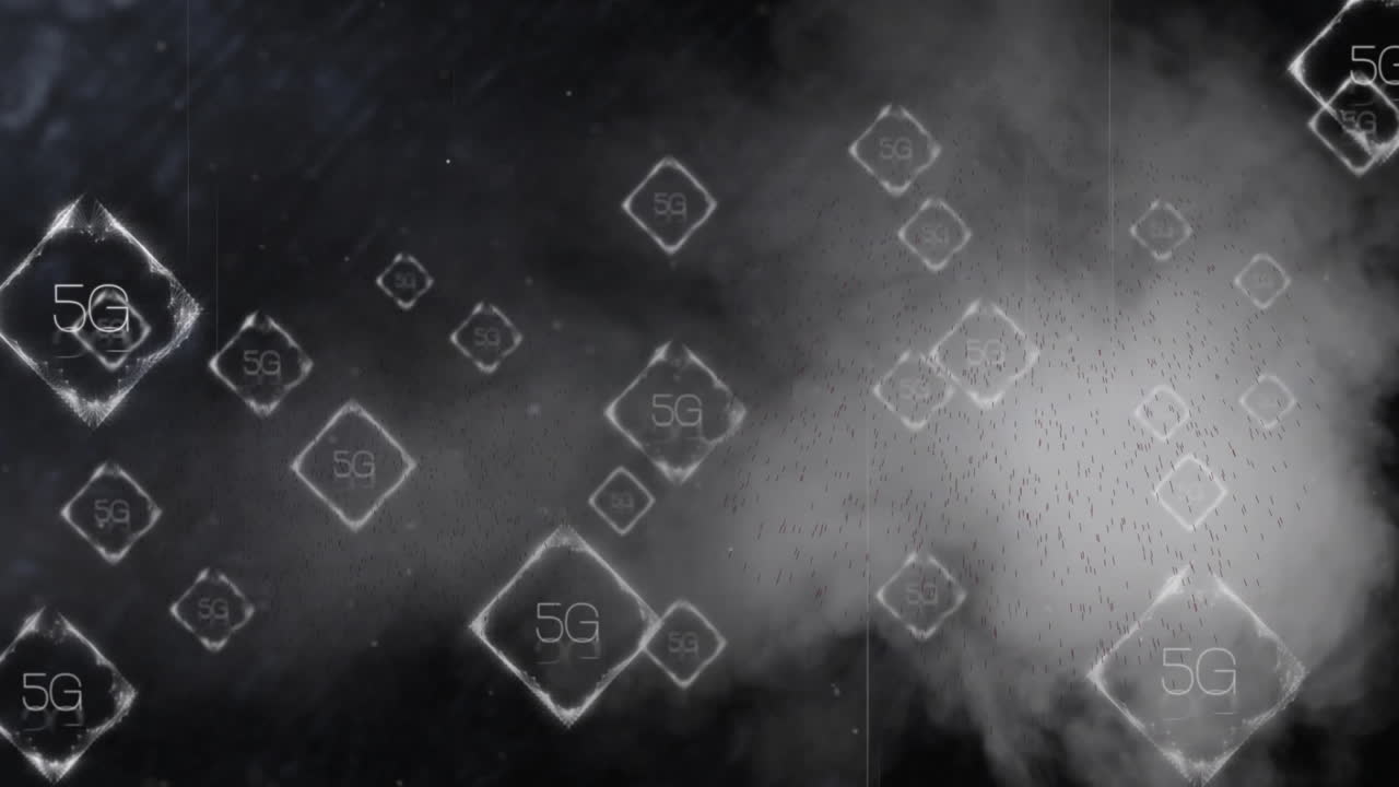 5G diamond icons floating across dark smoky backdrop, creating futuristic tech visualization