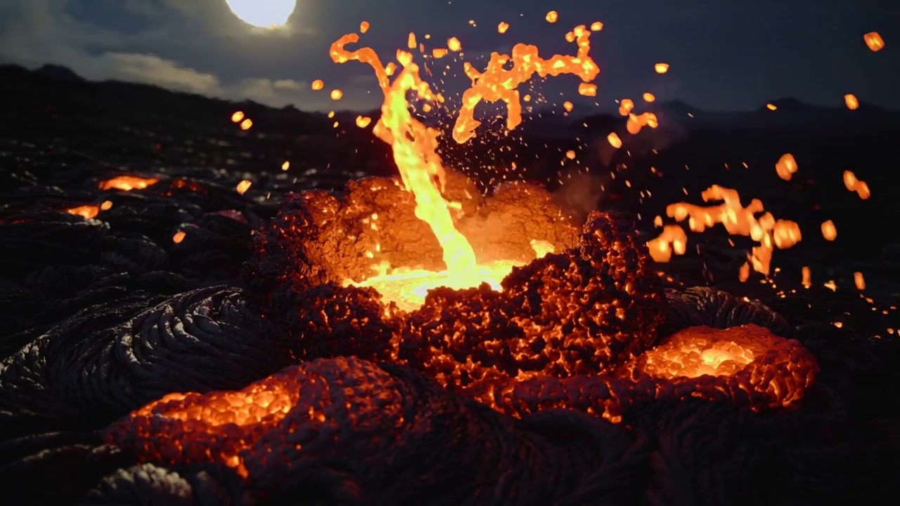 夜、噴火する火山の噴気孔がガス圧を放出し、輝く液滴を噴き出す。月明かりに照らされた水たまりが見える。